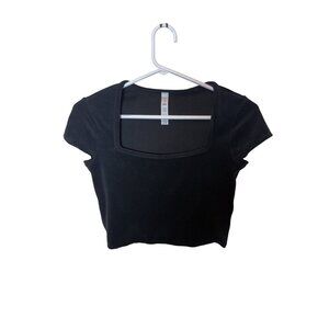 Alo Womens  Black Terry Cloth Cropped Short Sleeve Square Neck Top XS